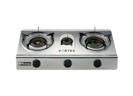 Technik 3 Gas Burners Stove, Blue Flame, Brass Burners, Direct Vortex Flame, Cast Iron Pan Support, Full Stainless Steel GS300BCSS