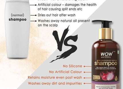 WOW Skin Science Red Onion Black Seed Oil Shampoo with Red Onion Seed Oil Extract, Black Seed Oil & Pro-Vitamin B5 - No Parabens, Sulphates, Silicones, Color & PEG - 300mL