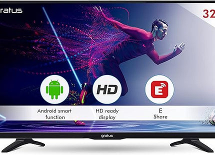 Gratus 32 Inch TV Full HD & Smart T2 Share + You Tube + Netflix + Shahid + Facebook Black Model GASLED32ACHD1-1 Year Full Warranty.