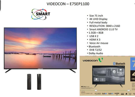 Videocon 75 Inch TV 4K UHD Smart Android 11 Google Play Netflix YouTube Shahid Built in Bluetooth & WiFi Black Color Model – AAEE75EP1100D1-1 Years Full Warranty.