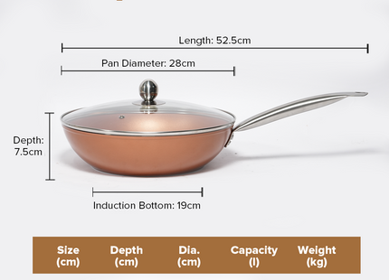 MASFLEX Forged Copper Design 3 Layer Non-Stick Coating Induction Deep Frypan with Glass Lid 28cm Cool Touch Stainless Steel Handle Tempered Glass Lid