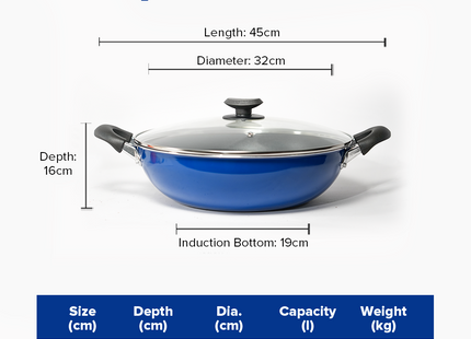 MASFLEX 3 Layer Daikin Non-Stick Coating Made in Japan Induction Wok Heat-resistant Handles and Knob Tempered Glass Lid Colors Red or Blue