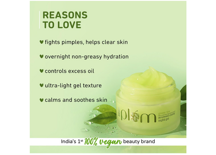 Plum Night Gel Green Tea Renewed Clarity Night Cream | Normal, Oily, Acne-Prone, Combination Skin | Night Cream For Women | 100% Vegan | Paraben Free | 50ml