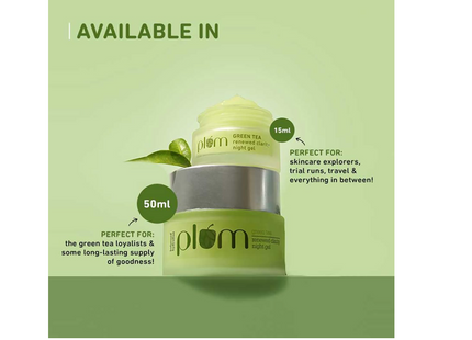 Plum Night Gel Green Tea Renewed Clarity Night Cream | Normal, Oily, Acne-Prone, Combination Skin | Night Cream For Women | 100% Vegan | Paraben Free | 50ml