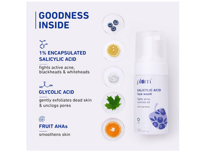 Plum 1% Encapsulated Salicylic Acid Foaming Face Wash with Glycolic Acid for Unisex, Fruit AHA's & Blueberry Extracts | Fights Acne, Blackheads & Breakouts| Sulphate-Free | 100% Vegan (Clear)(110ml)