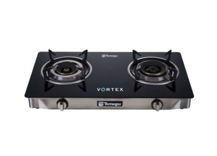 Technik 2 Gas Burners Stove, Blue Flame, Brass Burners, Direct Vortex Flame, Cast Iron Pan Support, Black Tempered Glass GS201BCG