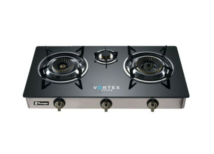 Technik 3 Gas Burners Stove, Blue Flame, Brass Burners, Direct Vortex Flame, Cast Iron Pan Support, Black Tempered Glass GS301BCG