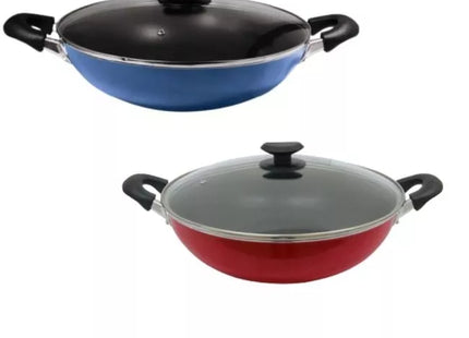 MASFLEX 3 Layer Daikin Non-Stick Coating Made in Japan Induction Wok Heat-resistant Handles and Knob Tempered Glass Lid Colors Red or Blue
