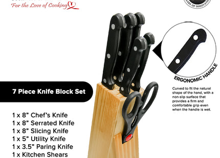 MASFLEX Chef's Knife Bread Knife Slicer Utility Knife Paring Knife Kitchen Scissors Wooden Block Set - 7 Pieces