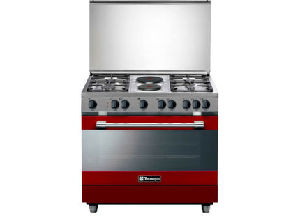 Technik 90 cm Cooking Range, 4 Gas Burners + 2 Electric Hot Plates, Sabaf Burners with Safety Valves, Electronic One-Touch Ignition, Cast Iron Pan Support, Red Matte Finish P3R96E42VC
