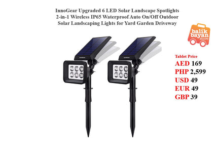 InnoGear Upgraded 6 LED Solar Landscape Spotlights 2-in-1 Wireless IP65 Waterproof Auto On/Off Outdoor Solar Landscaping Lights for Yard Garden Driveway Pathway Pool, Pack of 2 (White Light)