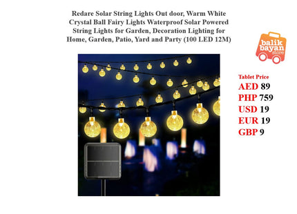 Redare Solar String Lights Outdoor,Warm White Crystal Ball Fairy Lights Waterproof Solar Powered String Lights for Garden, Decoration Lighting for Home, Garden, Patio, Yard and Party (100 LED 12M)