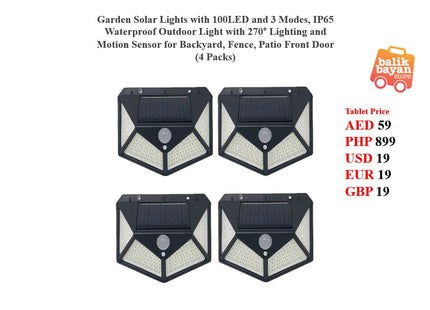 Garden Solar Lights with 100LED and 3 Modes, IP65 Waterproof Outdoor Light with 270° Lighting and Motion Sensor for Backyard, Fence, Patio Front Door (4 Packs)