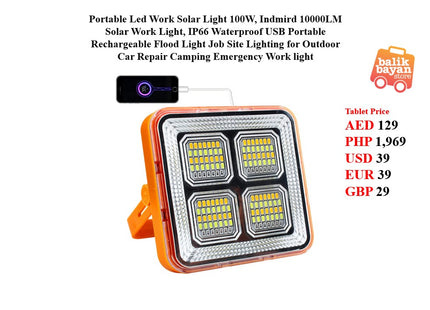 Portable Led Work Solar Light 100W, Indmird 10000LM Solar Work Light, IP66 Waterproof USB Portable Rechargeable Flood Light Job Site Lighting for Outdoor Car Repair Camping Emergency Worklight