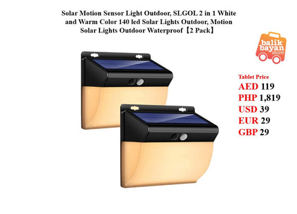 Solar Motion Sensor Light Outdoor, SLGOL 2 in 1 White and Warm Color 140 led Solar Lights Outdoor, Motion Solar Lights Outdoor Waterproof【2 Pack】