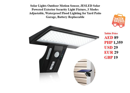 Solar Lights Outdoor Motion Sensor, JESLED Solar Powered Exterior Security Light Fixture, 3 Modes Adjustable, Waterproof Flood Lighting for Yard Patio Garage, Battery Replaceable